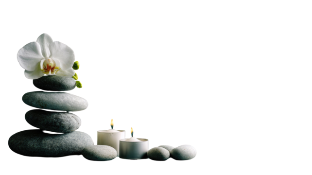 Zen spa still life with black rocks, white orchid, and candles for beauty and relaxation