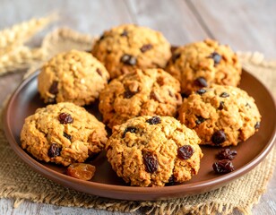 Close-up of oatmeal raisin cookies on a brown plate, rustic style