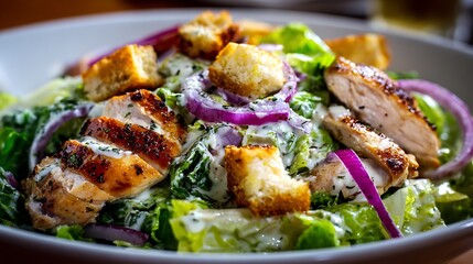 Delicious and healthy grilled chicken breast dinner plate with fresh green vegetables and rice