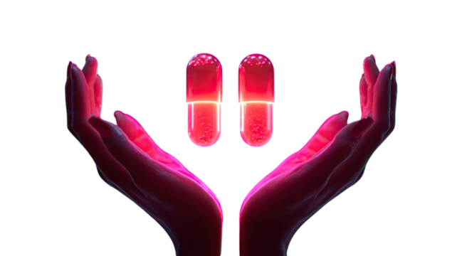 Isolated red human hand print symbol with two red capsule falling on a white background