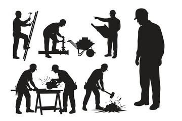 Vector illustration of construction worker silhouettes performing various tasks, including cutting, hammering, lifting, and supervising. 
