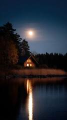 Fototapeta premium Cozy cabin lake moon night forest reflection autumn warm light pine reed