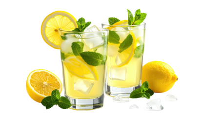 Two glasses of icy lemonade with lemon and mint