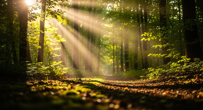 Dramatic sun rays filtering through dense green forest trees in a magical woodland scene. - Powered by Adobe