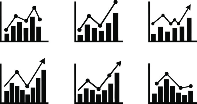 Collection of black and white business vector charts showing growth and decline