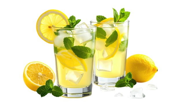 Two glasses of icy lemonade with lemon and mint