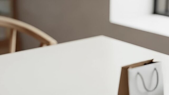 A small paper bag and a cup of coffee on a white table.