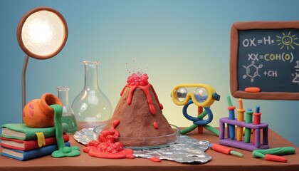 erupting clay volcano with science lab items on table