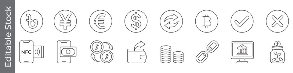Digital payment and cryptocurrency icon set &ndash; editable outline symbols of NFC, loan, bitcoin, wallet, coin, bank and transaction