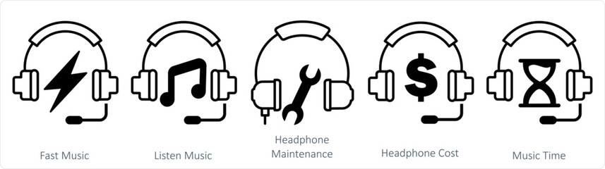 A set of 5 contact icons as fast music, listen music, headphone maintenance