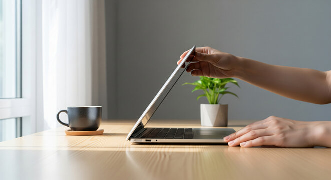 Morning workspace with steaming coffee, open notebook, and laptop in warm sunlight