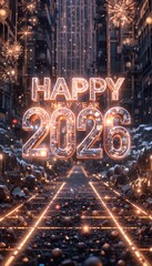 Happy 2026 New Year Fireworks Illustration Bright Colorful Celebration Background with Neon Text, Festive Holiday Greeting Art for Digital Use