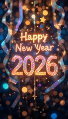Happy 2026 New Year Fireworks Illustration Bright Colorful Celebration Background with Neon Text, Festive Holiday Greeting Art for Digital Use