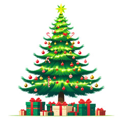 Fototapeta premium Bright and festive Christmas tree illustration with ornaments and presents
