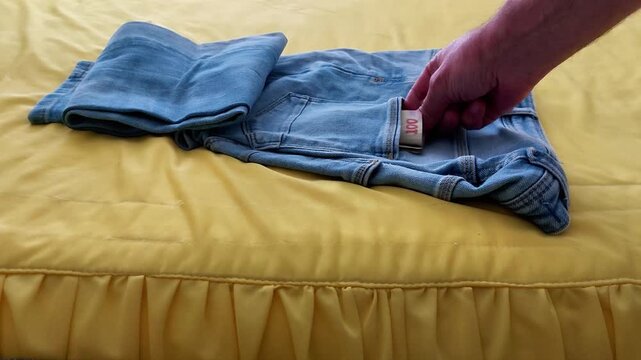Hand pulls folded cash from denim pocket, fingers grasping crisp bills with casual motion, highlighting everyday money handling in a tactile, relatable scene