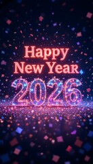 Happy 2026 New Year Fireworks Illustration Bright Colorful Celebration Background with Neon Text, Festive Holiday Greeting Art for Digital Use