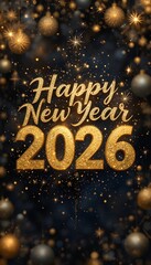 Happy 2026 New Year Fireworks Illustration Bright Colorful Celebration Background with Neon Text, Festive Holiday Greeting Art for Digital Use