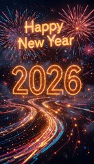 Happy 2026 New Year Fireworks Illustration Bright Colorful Celebration Background with Neon Text, Festive Holiday Greeting Art for Digital Use