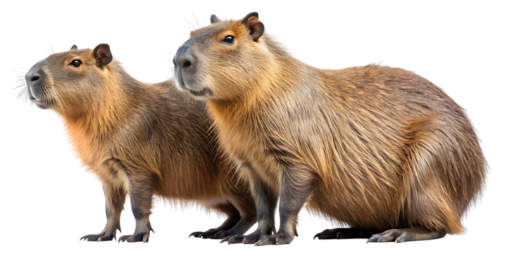 Two capybaras, the world's largest rodents, stand side-by-side showcasing their distinctive appearance and calm demeanor in a studio setting with a transparent background.