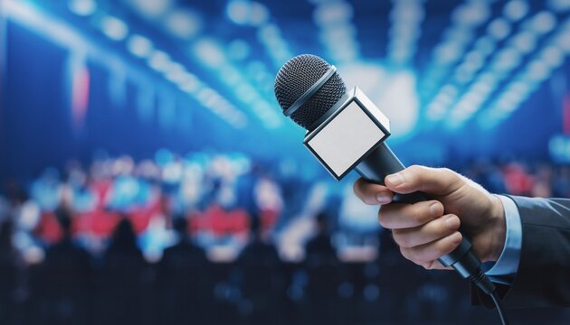 Hand holding a microphone with a blank mic flag in front of a blurred audience and blue stage lights, concept for public speaking, media interviews and live events.