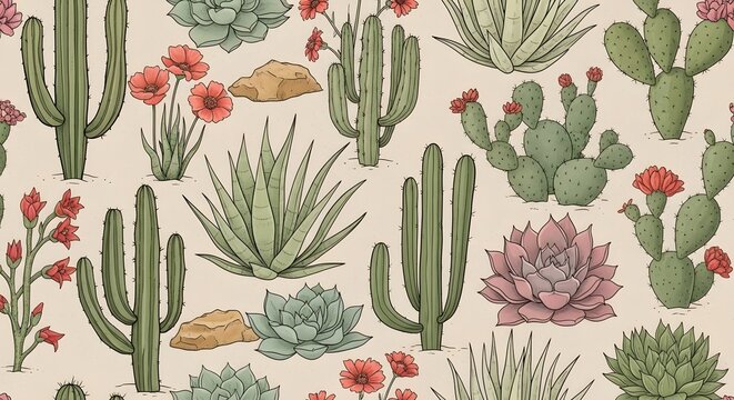 Seamless cactus pattern with succulents and flowers desert plants botanical illustration nature background