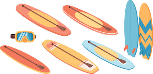Isometric illustration of colorful paddleboards, surfboards, paddles and snorkeling gear showing modern water sports equipment for beach, summer recreation and outdoor activities