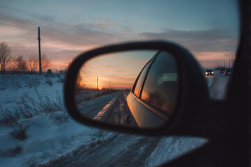 Winter road and sunset reflection in a car side mirror, warm evening light, frozen landscape, travel perspective, driving concept, nostalgic road trip mood, icy rural highway at dusk