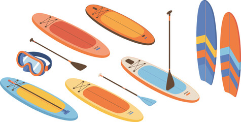 Isometric illustration of colorful paddleboards, surfboards, paddles and snorkeling gear showing modern water sports equipment for beach, summer recreation and outdoor activities