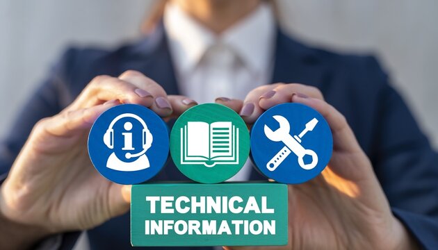 Woman's hands presenting wooden blocks with technical information icons, concept for technical support, user guides and maintenance services.