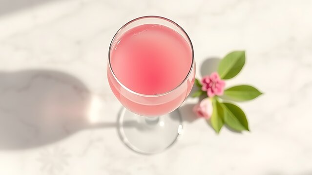 Pink beverage in crystal glass on marble surface with elegant summer vibe.