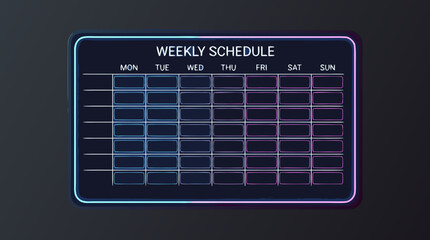 Neon Weekly Schedule Planner Digital Display Glowing Dark Background