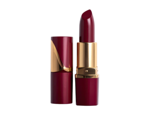Maroon lipstick, gold accents. Cap off. Glossy texture
