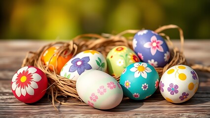 Vibrant Easter eggs arranged on a rustic wooden surface, capturing festive joy and natural warmth.