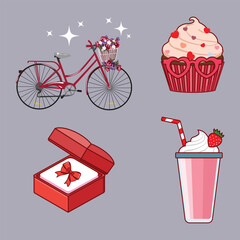 Valentine's Day Romantic Elements Set: Bicycle, Cupcake, Gift Box, Drink