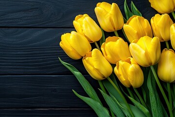 A vibrant bouquet of yellow tulips arranged in a diagonal line against a dark wooden background.