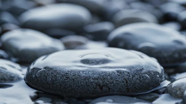 Pebbles' Embrace: Raindrops delicately cling to the smooth surface of wet, gray pebbles, each reflecting the surrounding light in a symphony of nature. 