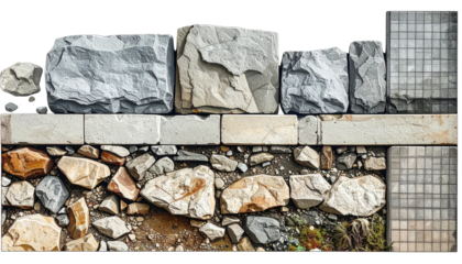 Diverse rocks rough-cut squares, rounded, and mosaic