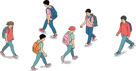 Isometric illustration of students walking with backpacks, diverse young people moving forward, modern education lifestyle concept and casual outdoor activity scene