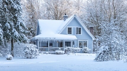 A cozy, snow-covered house with a porch and a tree in the background.