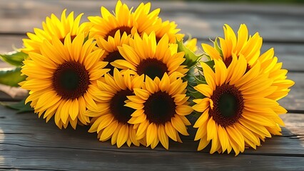 Sunflowers on a rustic wooden surface, warm golden hour light enhancing their natural beauty.