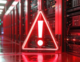 Glowing warning sign in a red-lit server room
