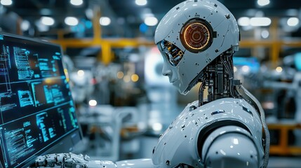 A humanoid robot in a factory setting, interacting with a computer monitor.