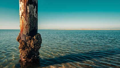 Barnacle-covered wooden pier piling standing in clear turquoise ocean water under a bright blue sky, concept for coastal travel, marine biology and peaceful escapes