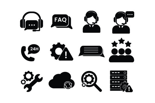 PCustomer Support and IT Service Icon Pack – Call Center, FAQ, Chat, Tools, Cloud, Troubleshooting Symbolsrint