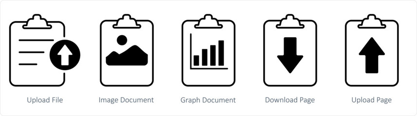 A set of 5 document icons as upload file, image document, graph document