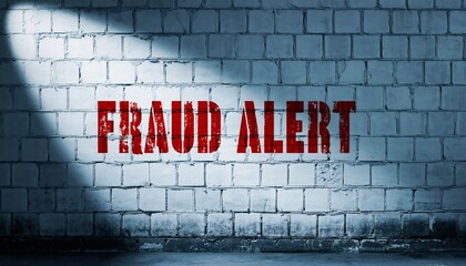 Obraz premium Fraud alert text displayed on a dark, textured brick wall with dramatic lighting, concept for cybersecurity, financial security, and risk management.