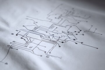 Close-up of thin circuit-like line patterns drawn across textured white paper.
