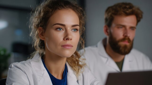 Two professionals in lab coats focus intently on a laptop screen in a modern research laboratory