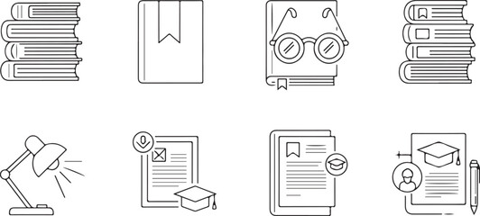 Collection of education-related icons: books, lamp, glasses, graduation cap, and documents in outline style.