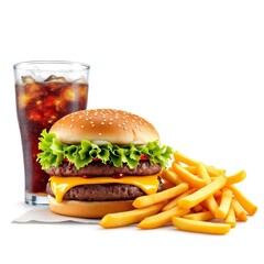 Classic fast food meal with double cheeseburger crispy fries and iced cola on white background